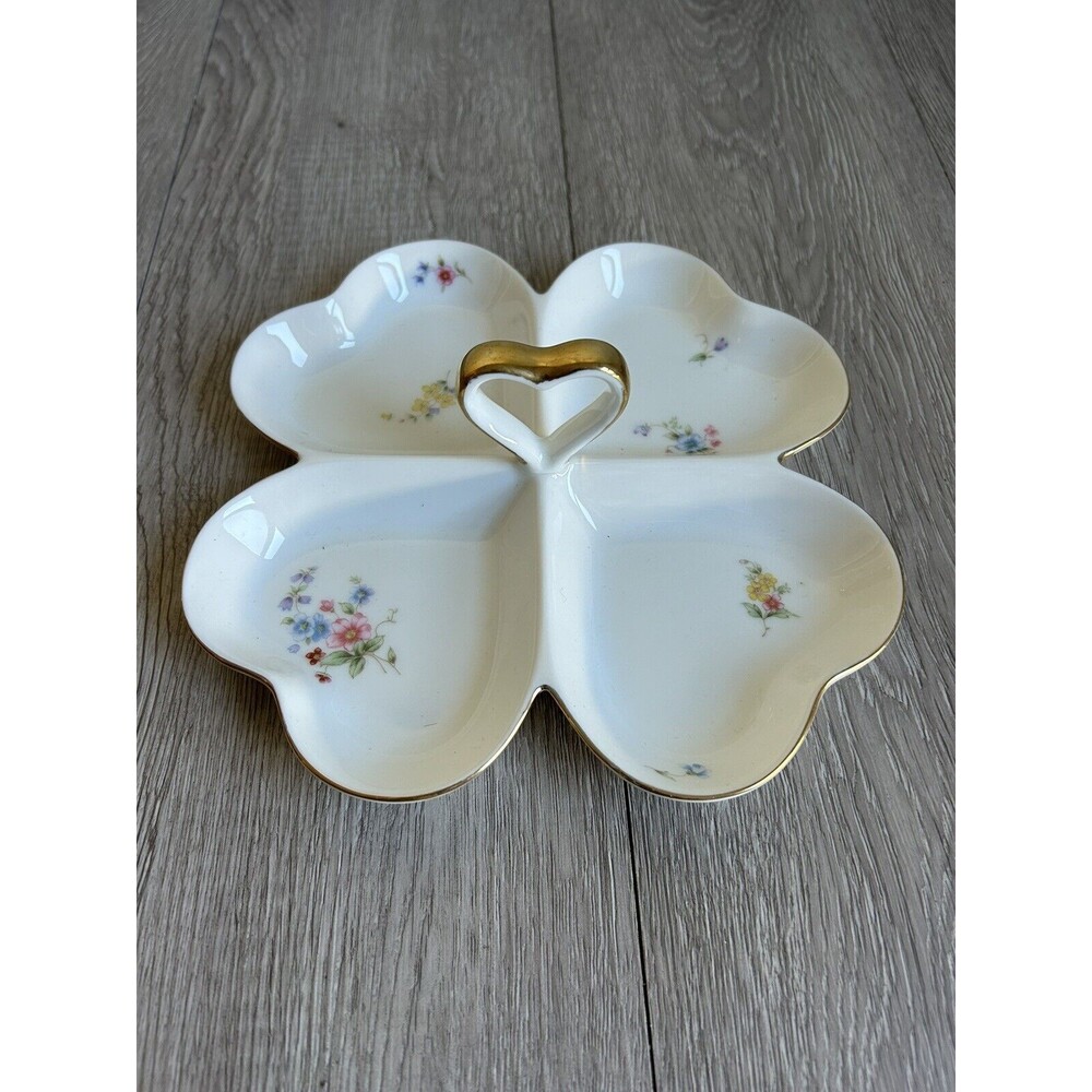 Heart Shaped Divided Dish W/Handle Relish Trinket Bone China Home Beautiful